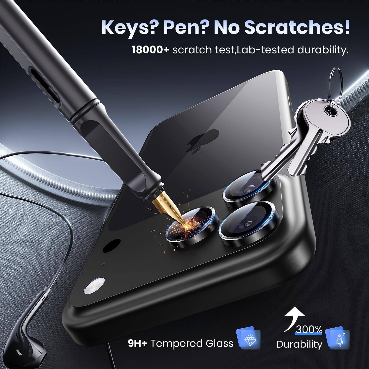 Keys? Pen? No Scratches!  
18000+ scratch test, Lab-tested durability.  
9H+ Tempered Glass  
300% Durability