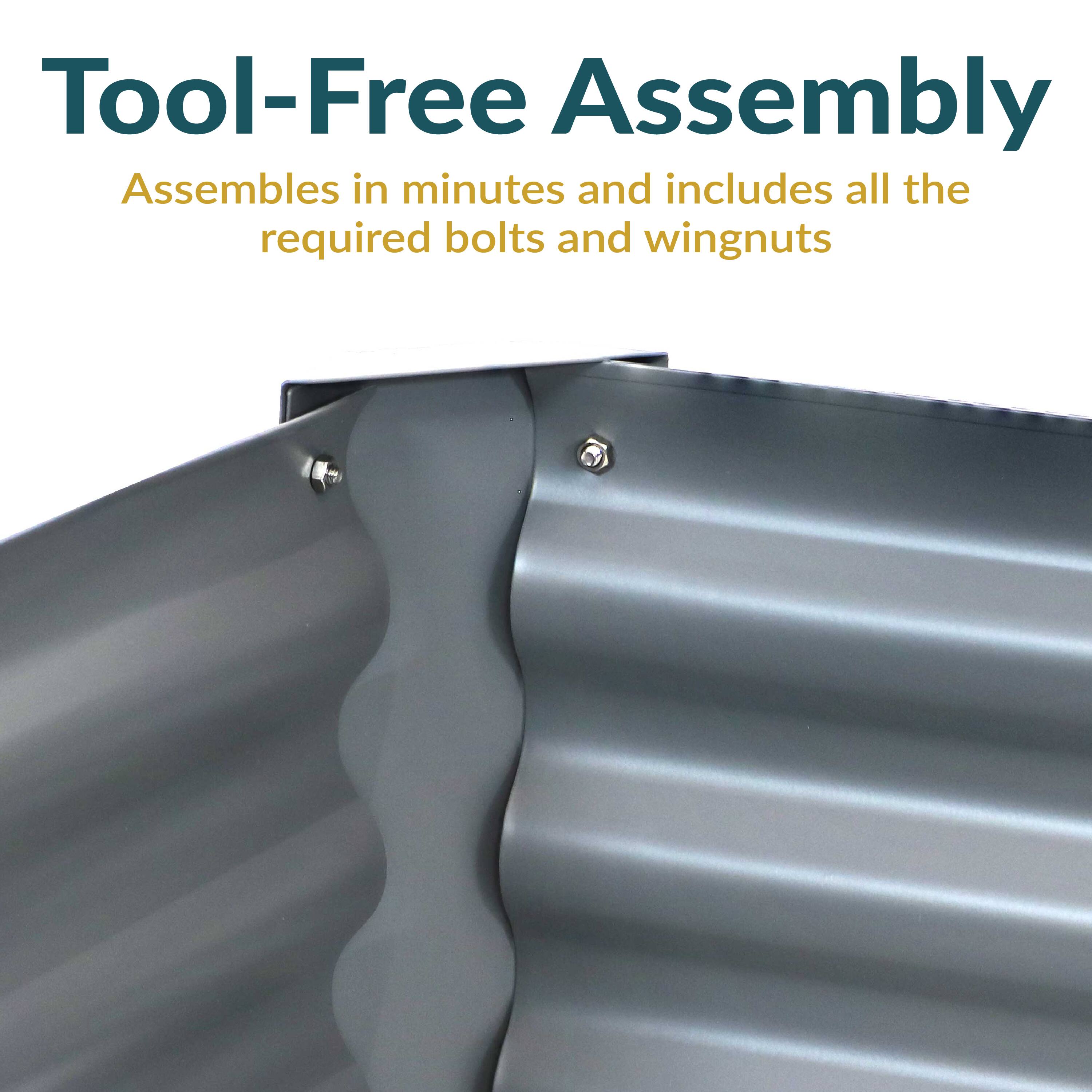 Tool-Free Assembly  
Assembles in minutes and includes all the required bolts and wingnuts