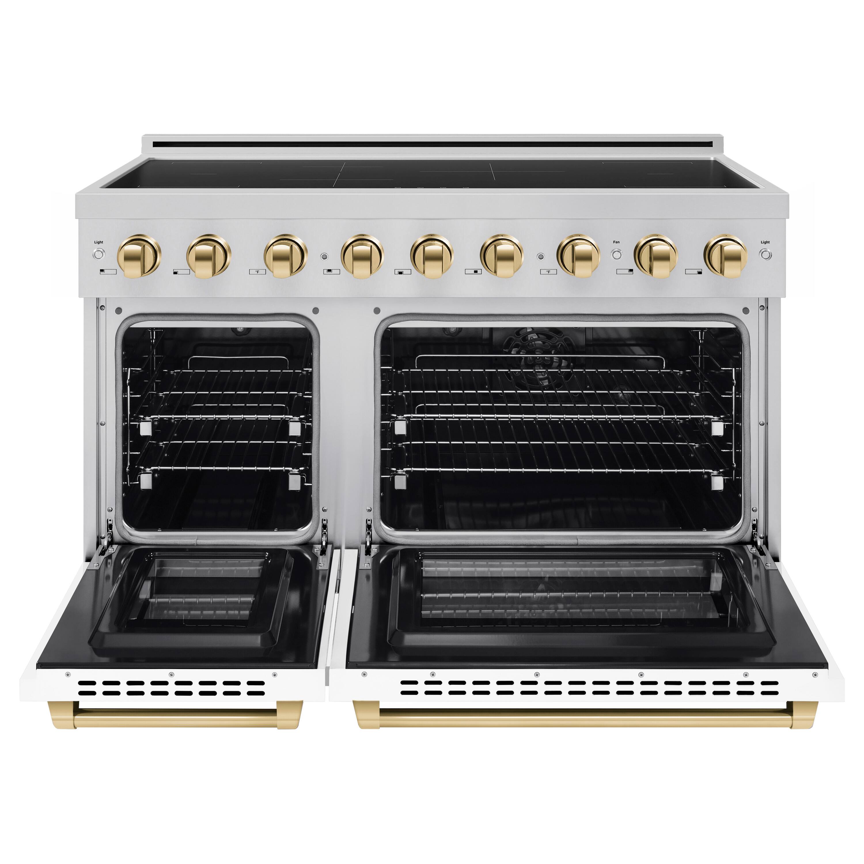 Angle. ZLINE - Autograph 48 in. 6.7 cu. ft. Paramount Freestanding Induction Range with White Matte Doors and Polished Gold Accents - Matte White.