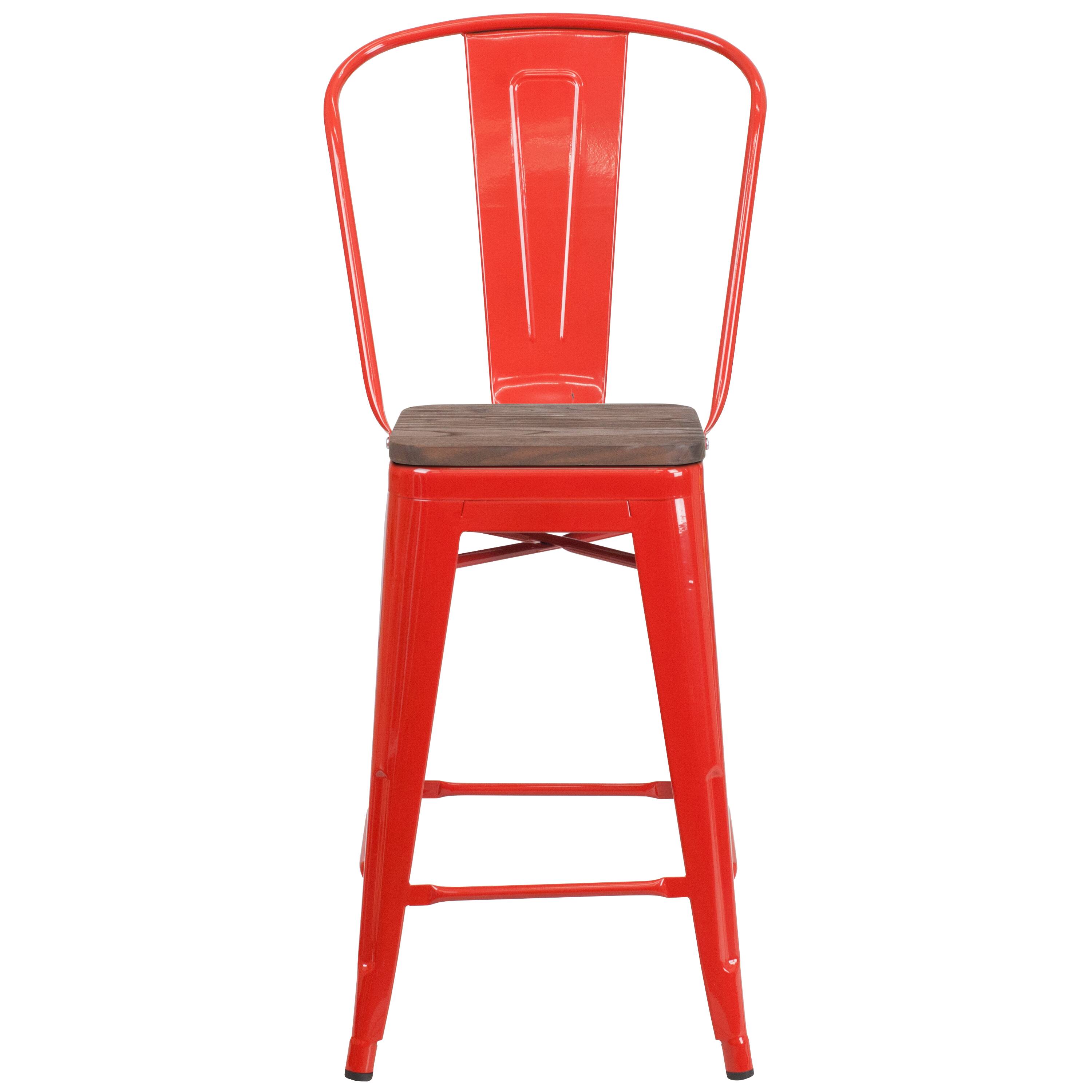 Alt View 5. Emma + Oliver - 24"H Metal Counter Height Stool with Back and Square Wood Seat - Red.