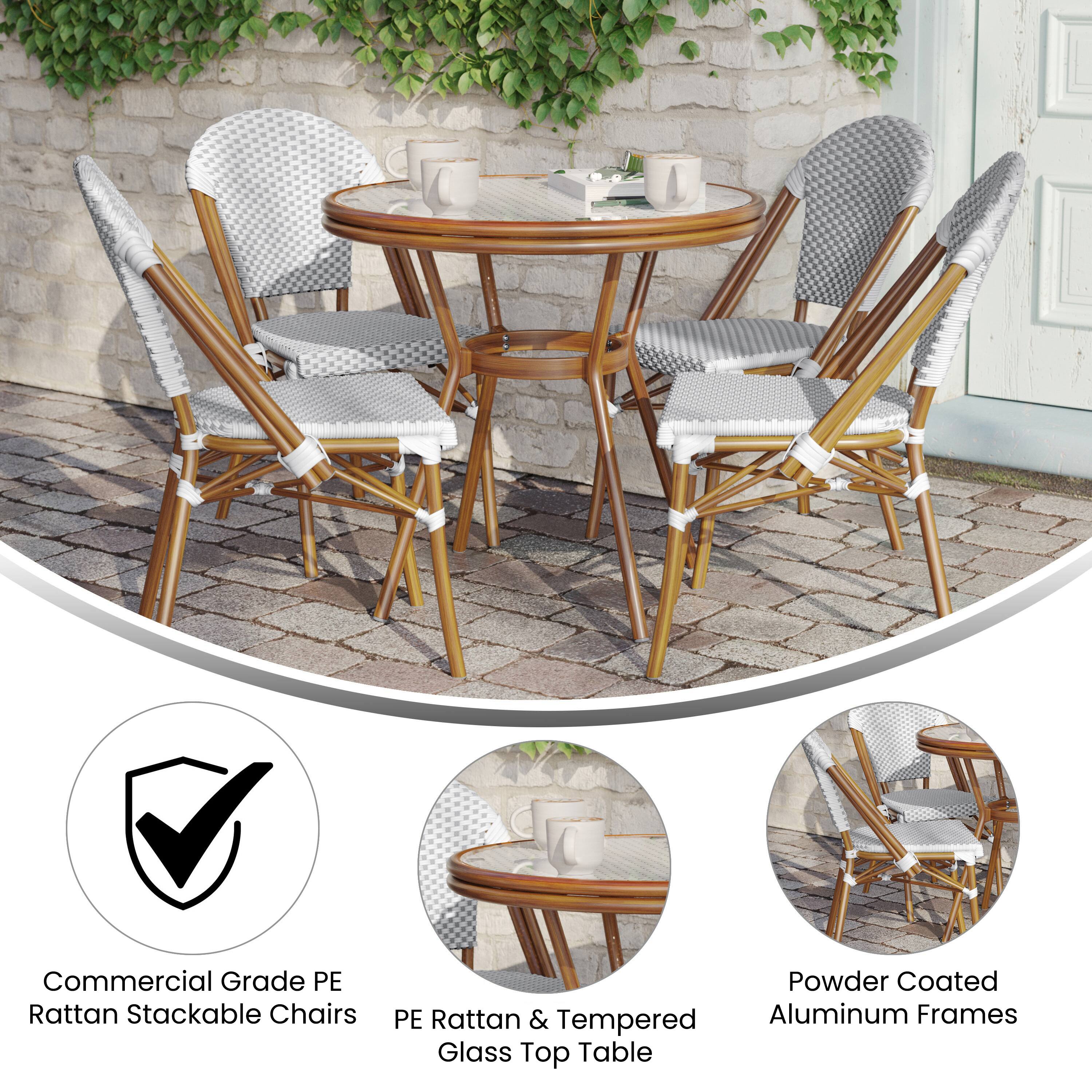 Commercial Grade PE Rattan Stackable Chairs  
Powder Coated PE Rattan & Tempered Aluminum Frames  
Glass Top Table