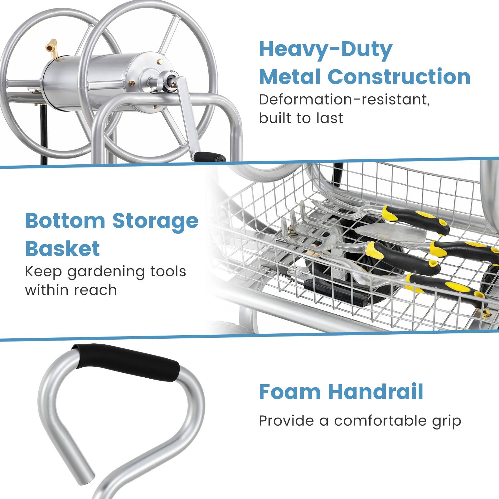 Heavy-Duty Metal Construction  
Deformation-resistant, built to last  

Bottom Storage Basket  
Keep gardening tools within reach  

Foam Handrail  
Provide a comfortable grip