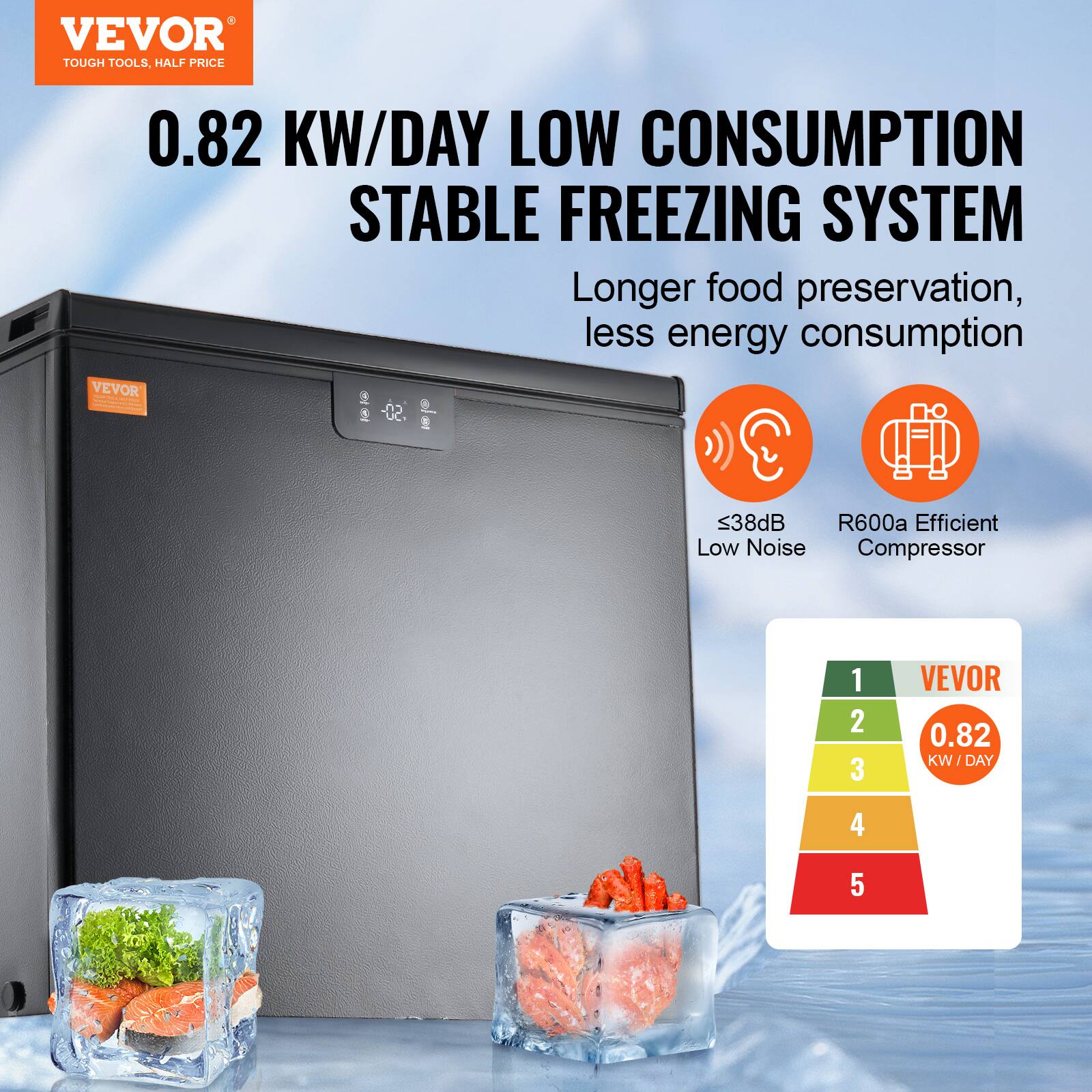 VEVOR  
TOUGH TOOLS, HALF PRICE  

0.82 KW/DAY LOW CONSUMPTION STABLE FREEZING SYSTEM  

Longer food preservation, less energy consumption  

VEVOR  
Cn <38dB  
R600a Efficient Low Noise Compressor  

VEVOR  
0.82 KW/DAY  

1  
2  
3  
4  
5