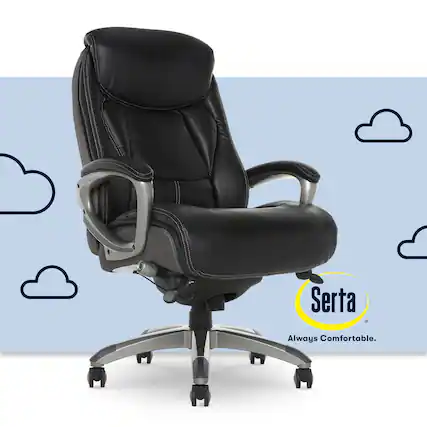The image features a black office chair with a silver armrest, positioned on a wheeled base. The chair is placed on a blue background, and there are four white clouds surrounding it. The text "Serta Always Comfortable" is displayed at the bottom right corner of the image.