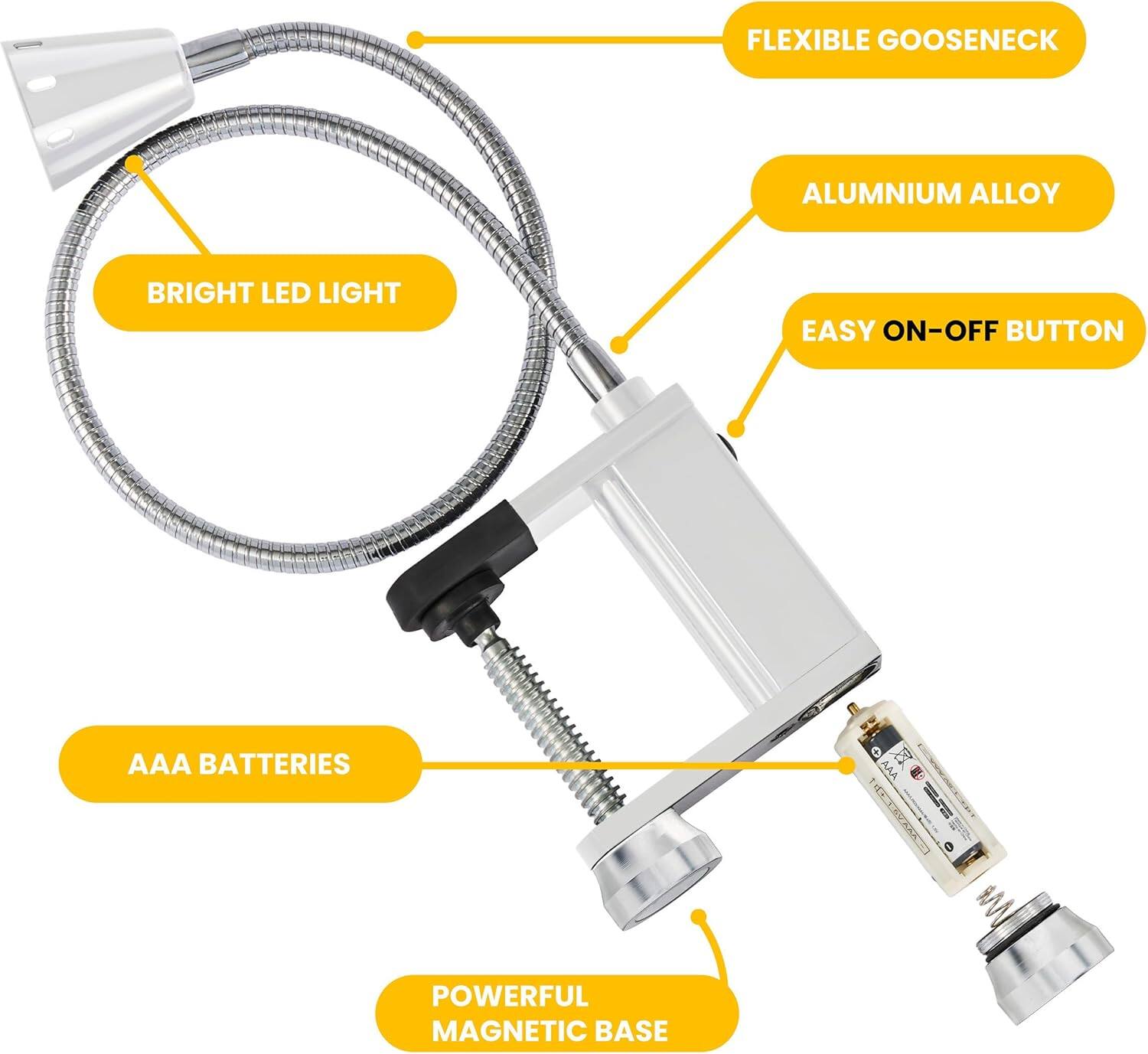 FLEXIBLE GOOSENECK  
ALUMINIUM ALLOY  
BRIGHT LED LIGHT  
EASY ON-OFF BUTTON  
AAA BATTERIES  
POWERFUL MAGNETIC BASE