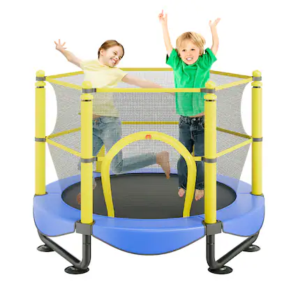 Front. VEVOR - 5FT Trampoline for Kids, 60" Indoor Outdoor Trampoline with Safety Enclosure Net, Basketball Hoop and Ocean Balls - Blue.