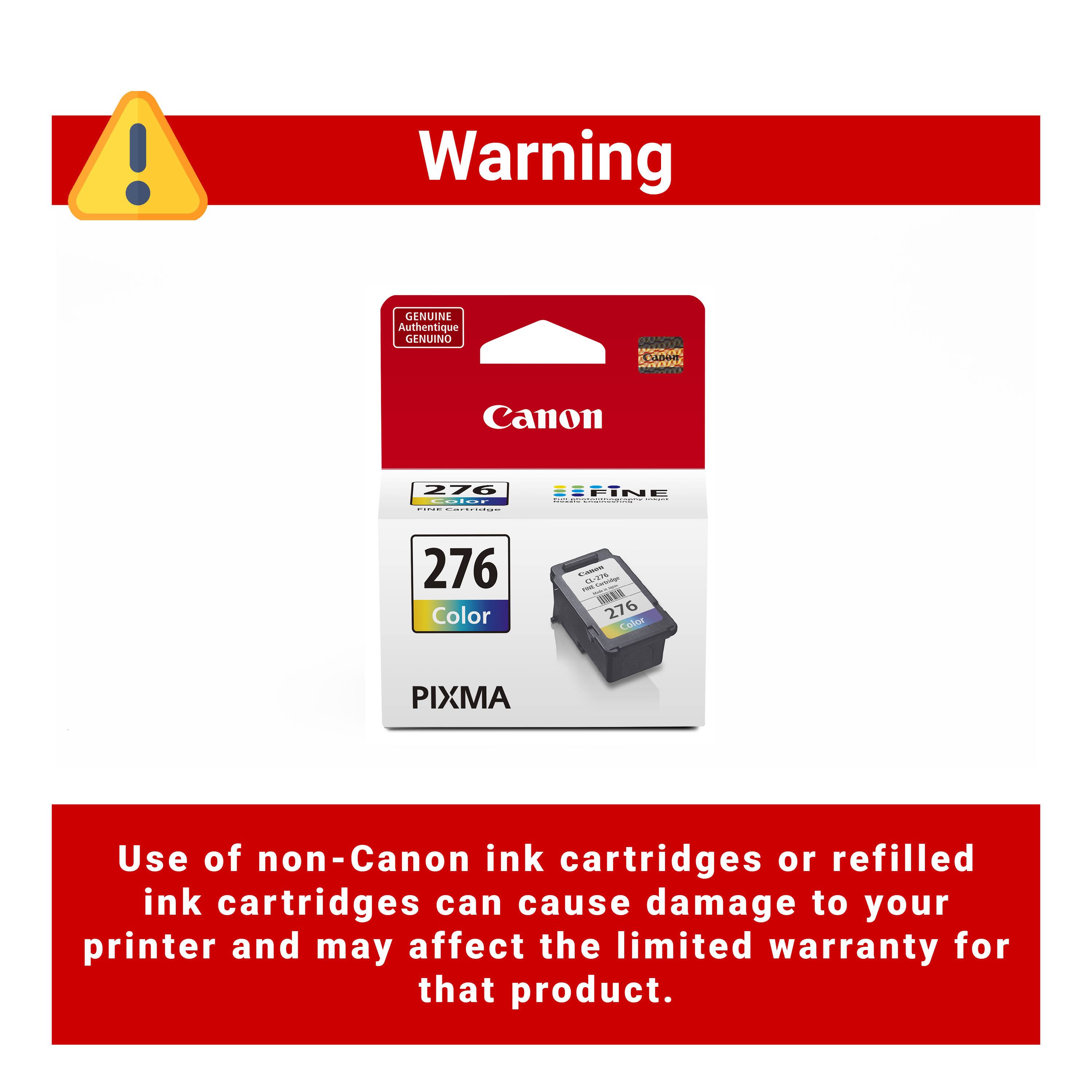Warning: Genuine Authentique Canon 276 Color ink cartridges are required for optimal performance. Use of non-Canon ink cartridges or refilled ink cartridges can cause damage to your printer and may affect the limited warranty for that product.