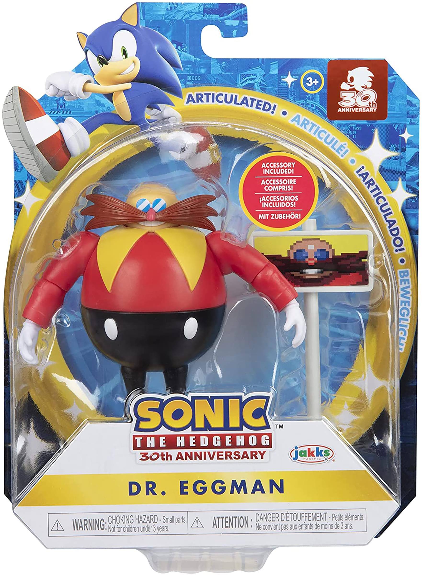 **Sonic the Hedgehog 30th Anniversary**

**Dr. Eggman**

- **Articulated!** (English)
- **Articulé!** (French)
- **Articulado!** (Spanish)
- **Mit Zubehör!** (German)
- **Beweglich!** (German)

**Accessory Included!** (English)
- **Accessoire Compris!** (French)
- **Accesorios Incluidos!** (Spanish)
- **Mit Zubehör!** (German)

**3+** (Age Rating)

**Warning: Choking Hazard - Small parts. Not for children under 3 years.** (English)
- **Attention: Danger d'étouffement - Petits éléments. Ne convient pas aux enfants de moins de 3 ans.** (French)

**Jakks Pacific** (Brand)

**30th Anniversary** (Anniversary Edition)