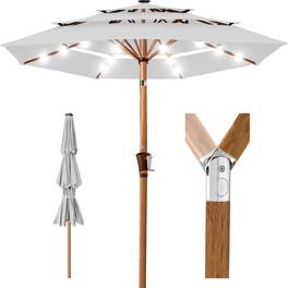 Best Choice Products - Woodgrain Pattern 10ft 3-Tier Solar Patio Umbrella w/ 24 LED Lights, Tilt - Fog Gray