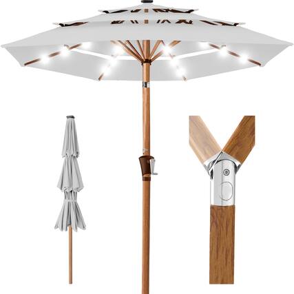 Front. Best Choice Products - Best Choice Products Woodgrain Pattern 10ft 3-Tier Solar Patio Umbrella w/ 24 LED Lights, Tilt - Fog Gray - Fog Gray.