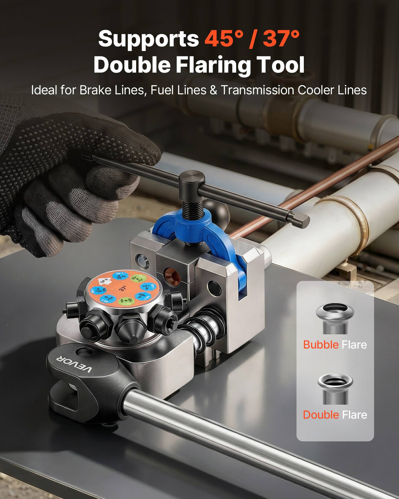 Supports 45° / 37° Double Flaring Tool  
Ideal for Brake Lines, Fuel Lines & Transmission Cooler Lines  

Bubble Flare  
Double Flare