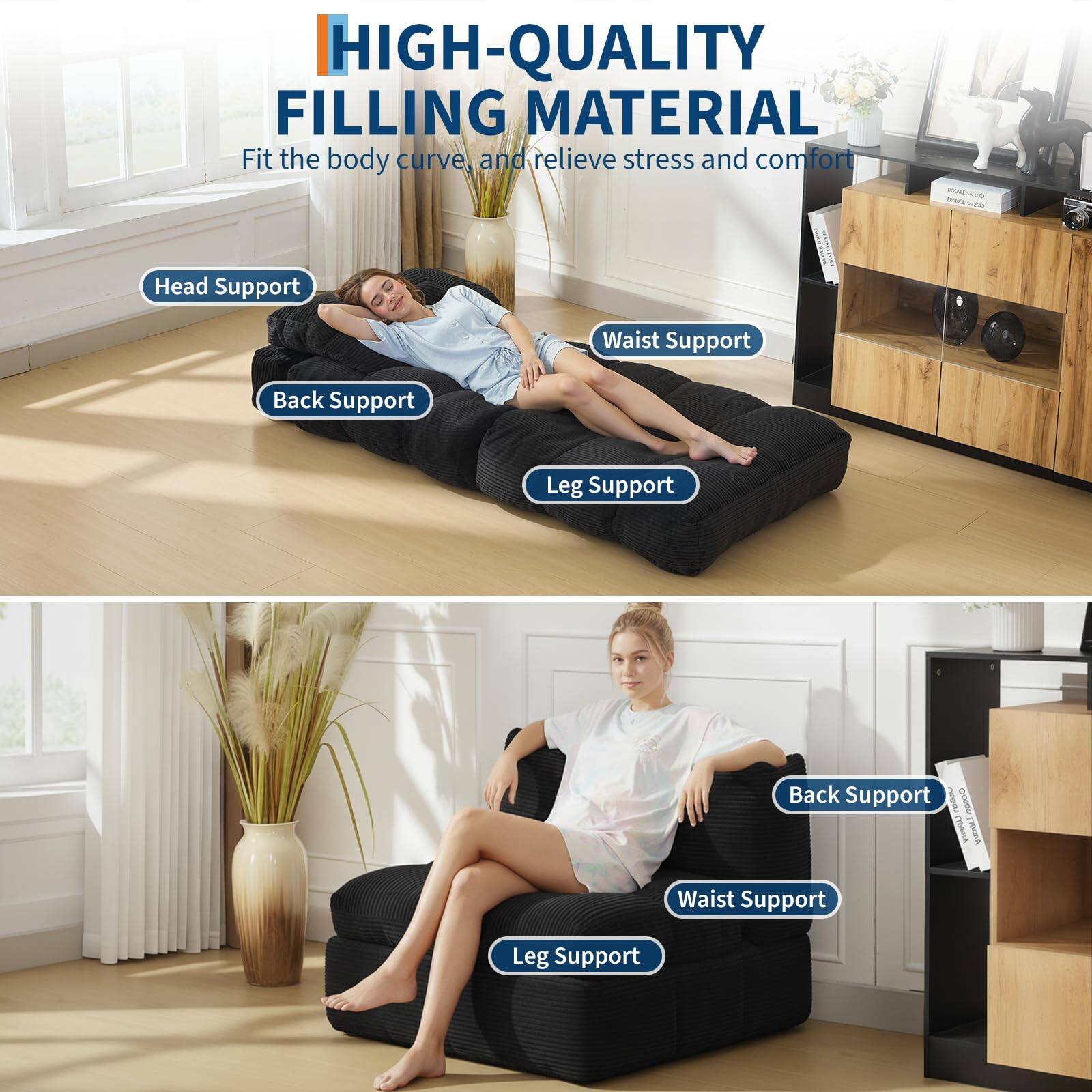 HIGH-QUALITY FILLING MATERIAL  
Fit the body curve, and relieve stress and comfort  

- Head Support  
- Back Support  
- Waist Support  
- Leg Support  

- Back Support  
- Waist Support  
- Leg Support