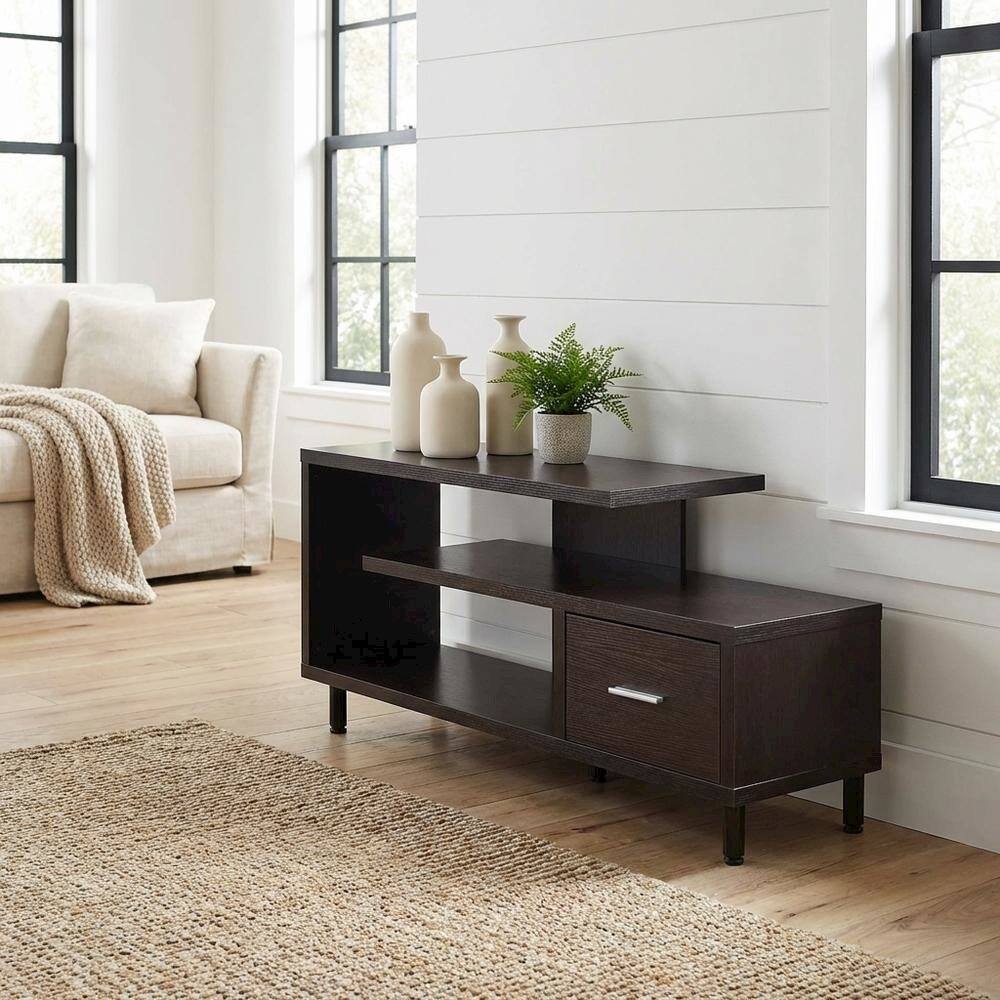 Alt View 1. FurniFact - Contemporary Brown TV Stand with 1 Drawer and Shelves for Up to 65-Inch TVs - Brown.