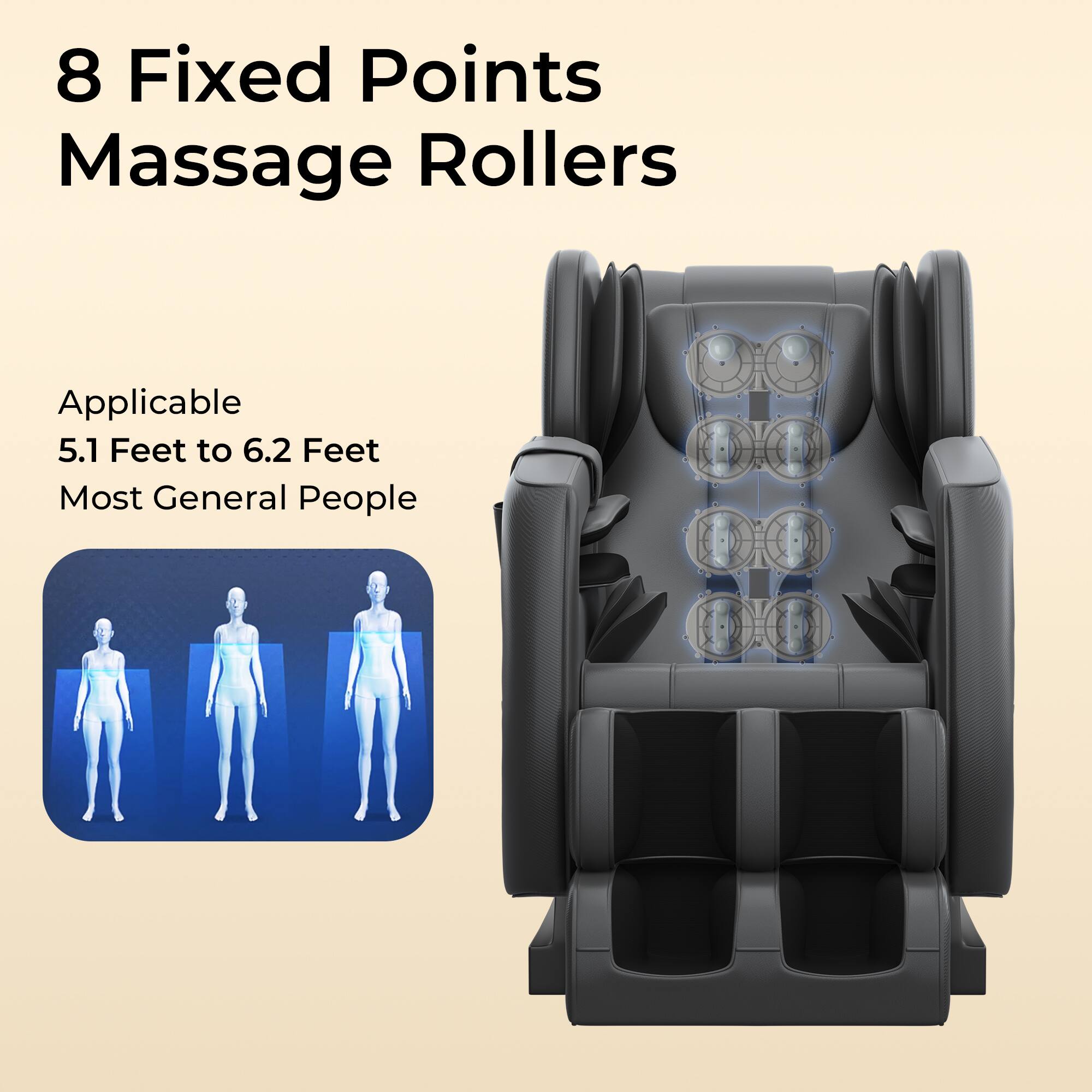 8 Fixed Points Massage Rollers

Applicable  
5.1 Feet to 6.2 Feet  
Most General People