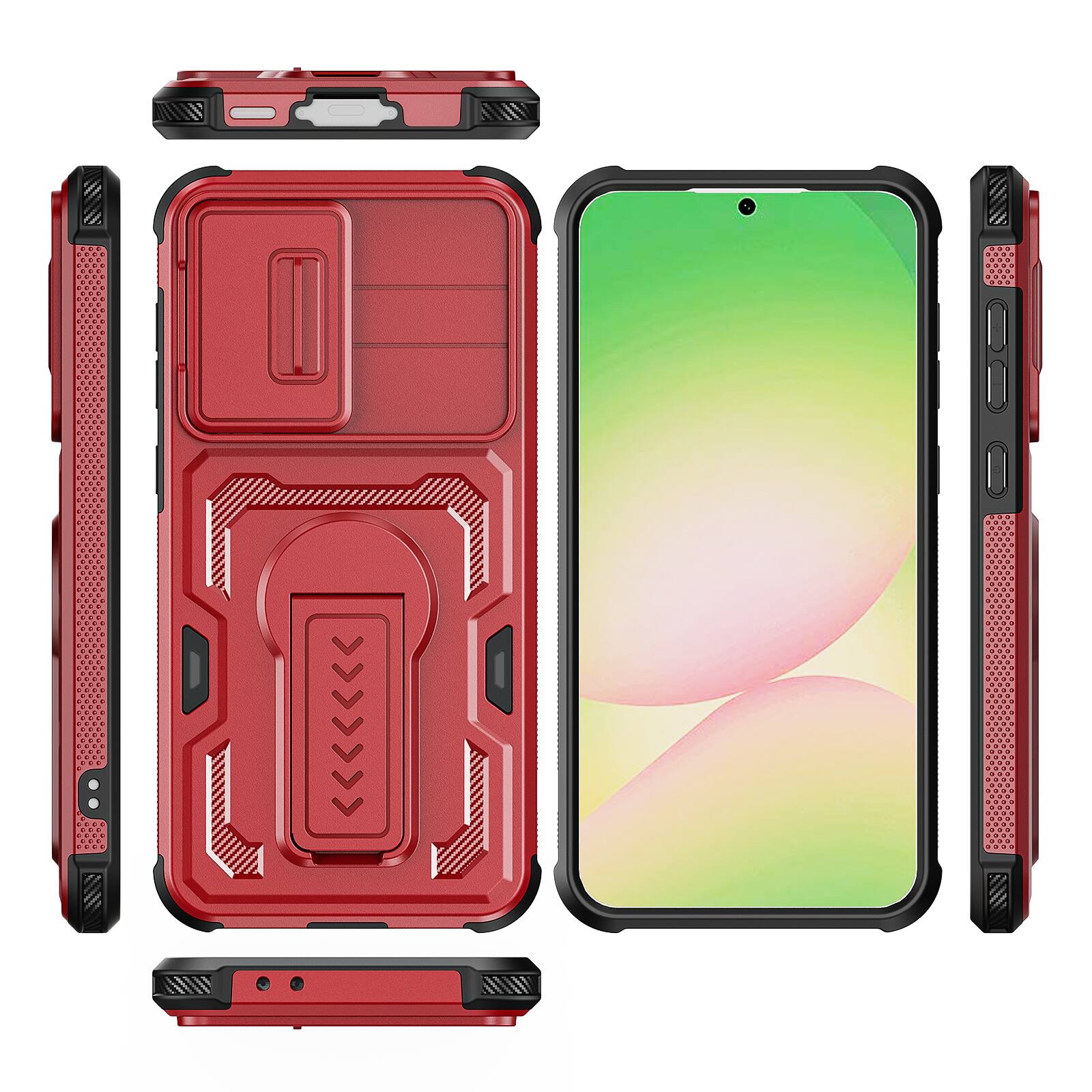 Alt View 4. Dteck - Rugged Stand Case for Samsung Galaxy A37 5G/A56 5G/A36 5G,Shockproof Heavy Duty Cover+Sliding Lens Cover+Tempered Glass - Red.