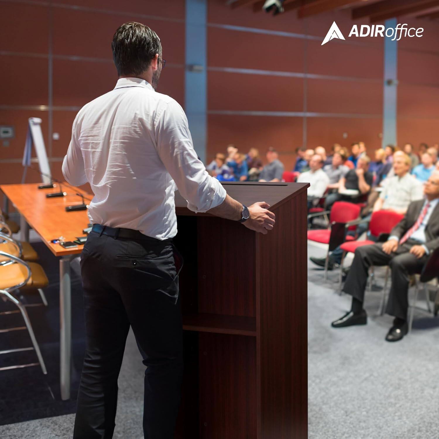 Alt View 2. AdirOffice - Podium Lectern, Wood Podium Presentation Lectern Stand with Storage Shelf - Mahogany.