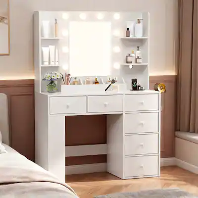 dressing table design light Large Dressing Table Set With XL Landscape Vanity Mirror with 14 Lights and Stool VANITY LIVING