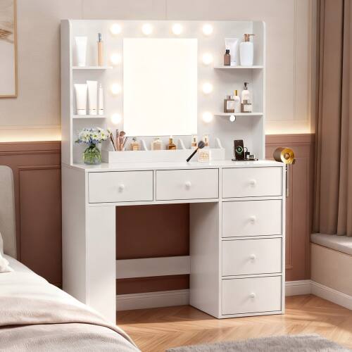 Alt View 5. Winado - 6 Drawers Vanity Dressing Table Wooden LED Light Mirror Power Port, Hidden Storage Side Shelves Xmas Gift - White.