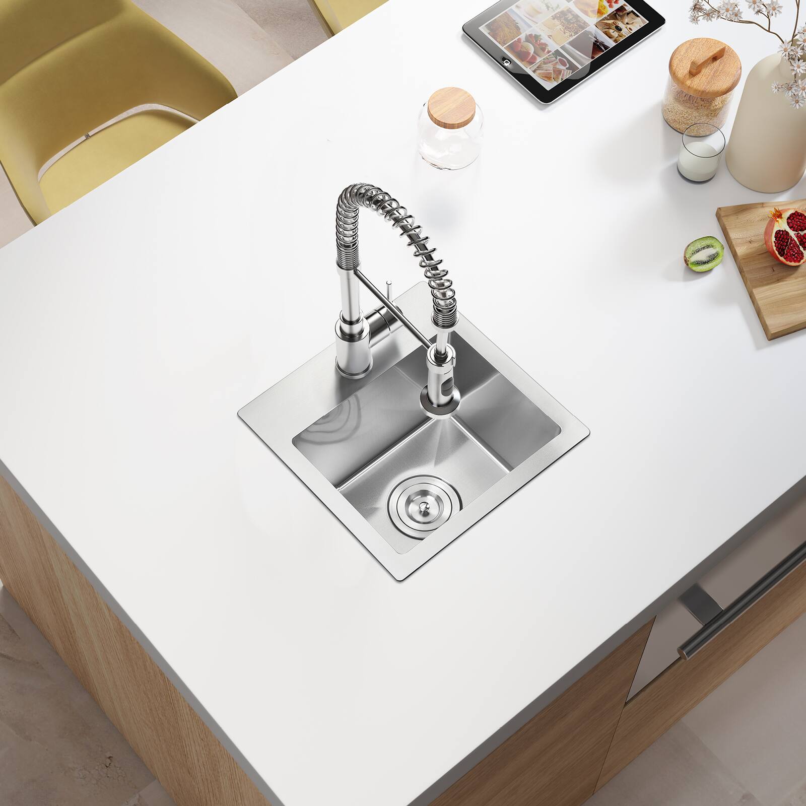 Angle. Akicon - Akicon 15 in. Drop-in Single Bowl 20-Gauge Silver Nano-Coated Kitchen Sink with Basket Strainer - Silver.