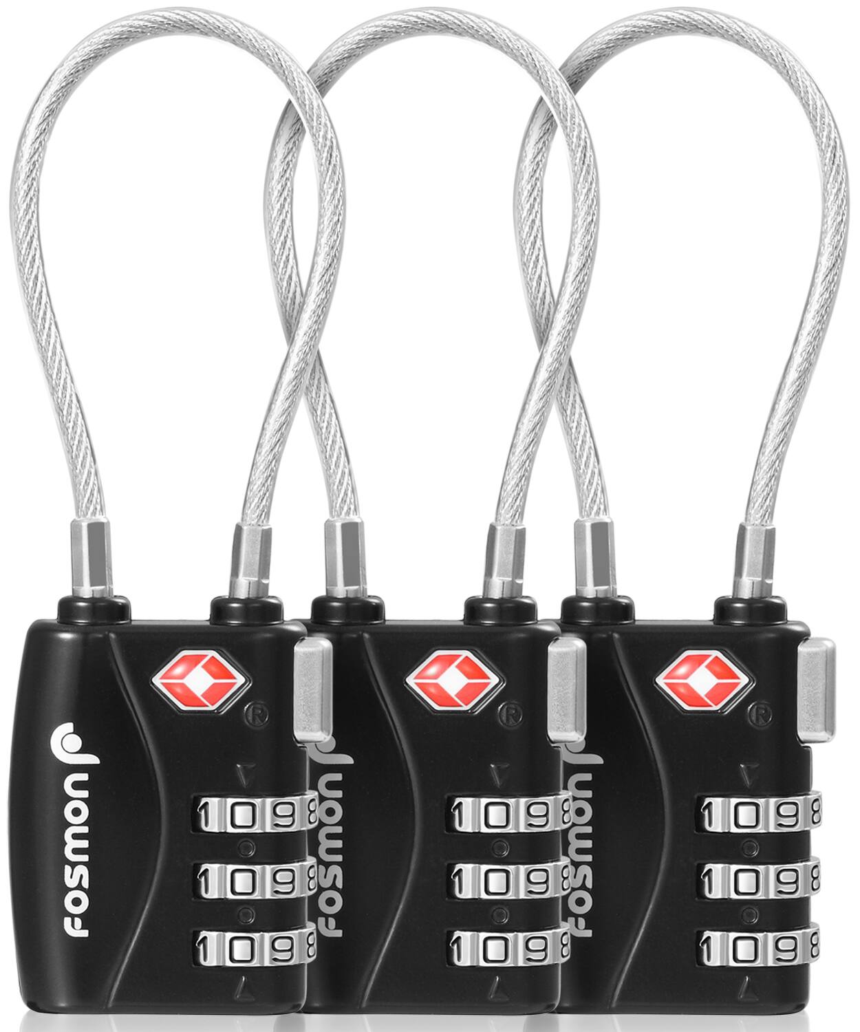 Fosmon - 3 Pack TSA Approved Luggage Lock, 3 Digit Combination Lock Easy To Set Luggage Cable Lock, Combo TSA Locks - Black