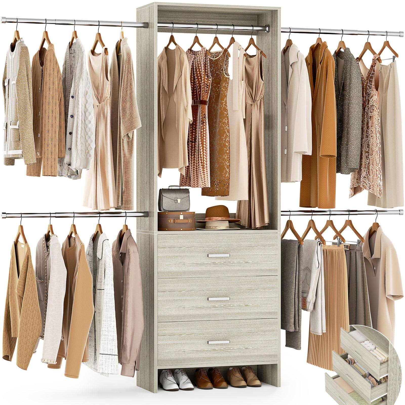 Aheaplus - Closet Organizer System with 3 Wood Drawers & 4 Hanging Rods – Walk-in Wardrobe Storage Rack - White Oak price history on PriceWatchPro