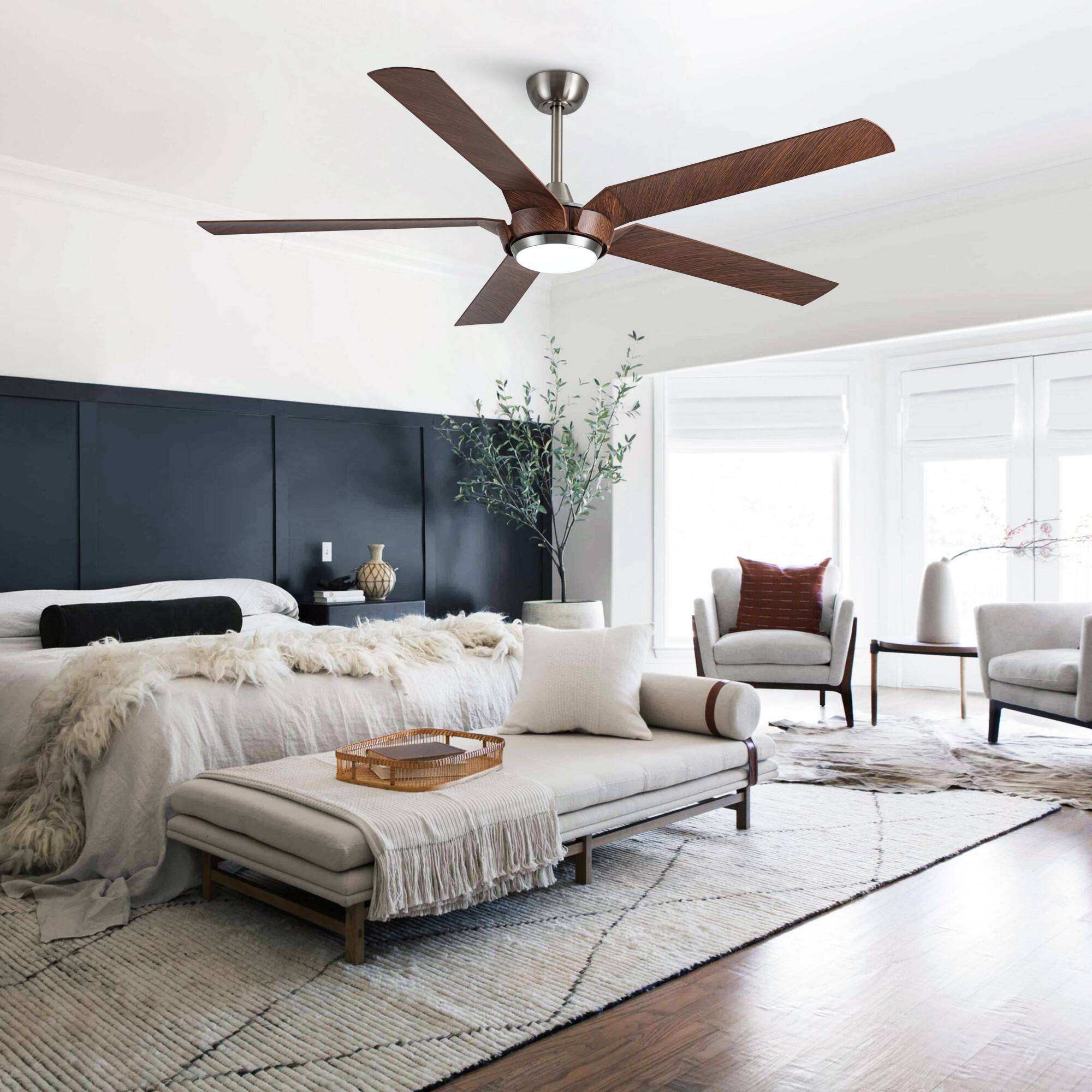 Back. Parrot Uncle - 65" Farmhouse Ceiling Fan with LED Light and Remote - Brushed Nickel.