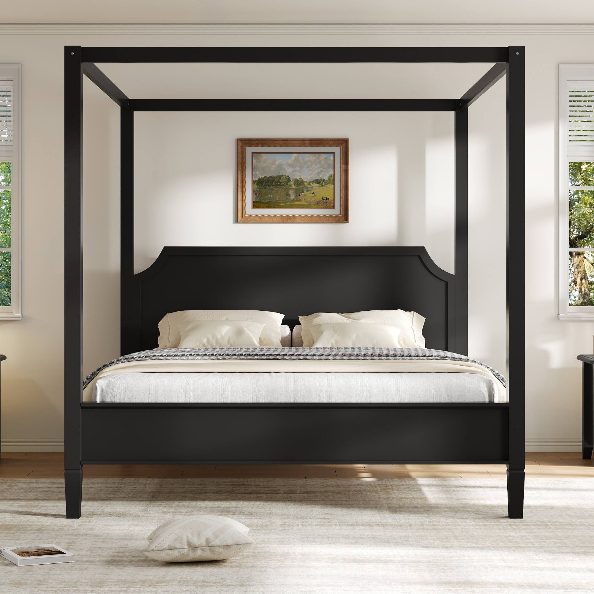 Angle. Whisen - Queen Size Wooden Canopy Platform Bed with Headboard and Support Legs for Bedroom - Black.