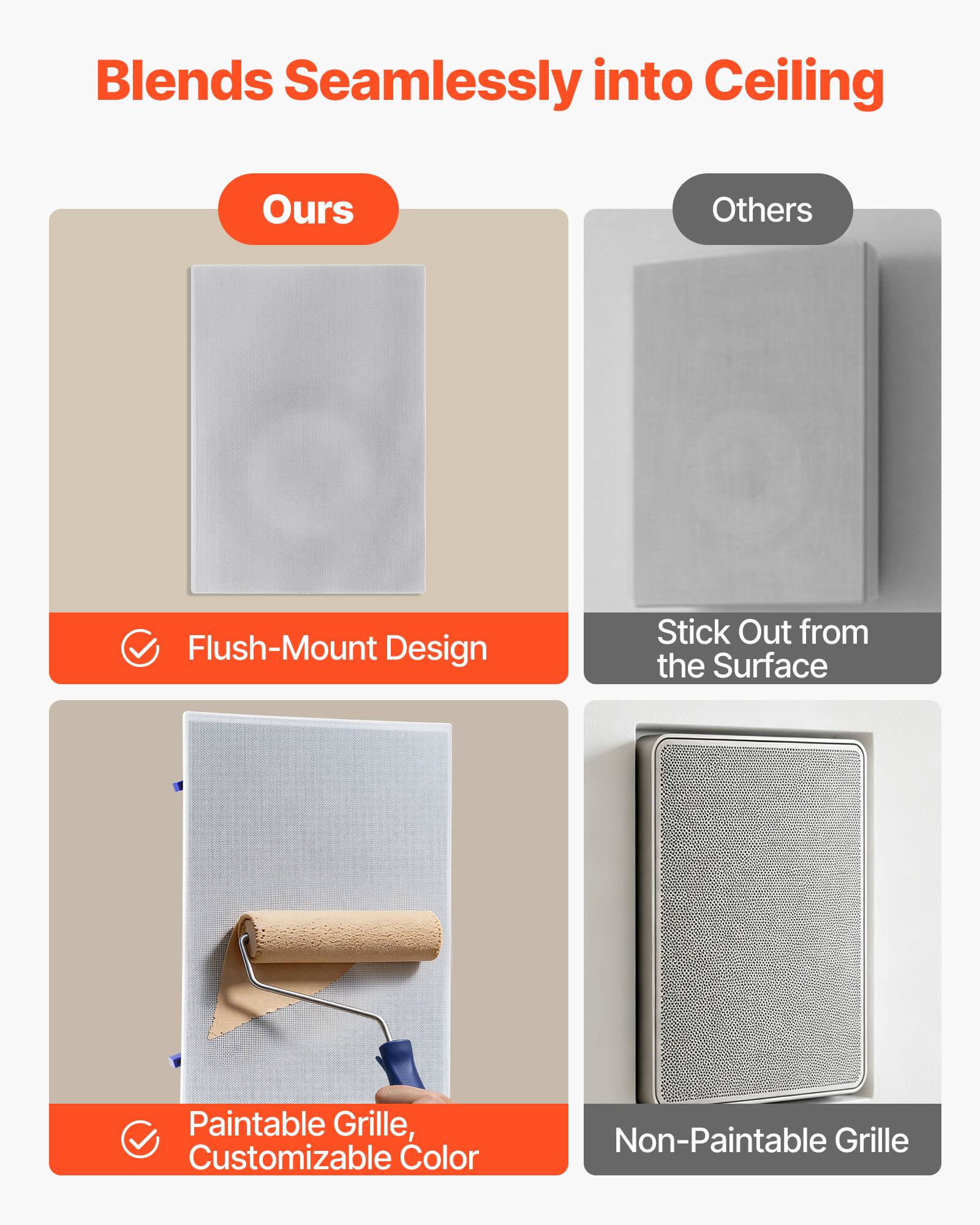 Blends Seamlessly into Ceiling

Ours
- Flush-Mount Design
- Paintable Grille, Customizable Color

Others
- Stick Out from the Surface
- Non-Paintable Grille