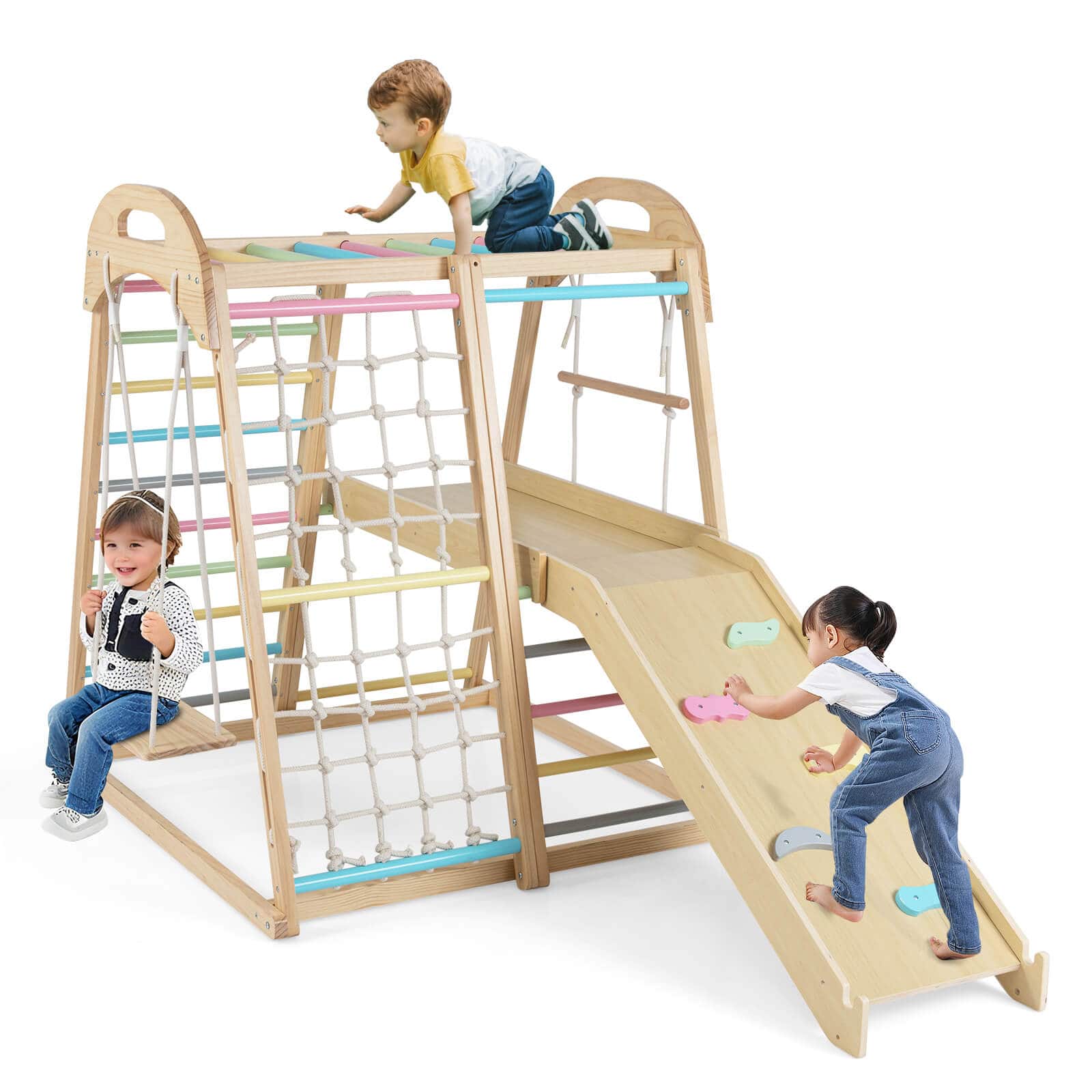 Costway - 8-in-1 Jungle Gym, Wooden Montessori Climber Playset with Slide and Monkey Bar - Multicolor