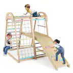 Front. Costway - Costway 8-in-1 Jungle Gym, Wooden Montessori Climber Playset with Slide and Monkey Bar - Multicolor.