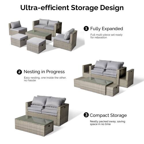 Ultra-efficient Storage Design

1. Fully Expanded
   - Full multi-piece set ready for relaxation

2. Nesting in Progress
   - Easy nesting, one inside the other, no hassle

3. Compact Storage
   - Neatly packed away, saving space in no time