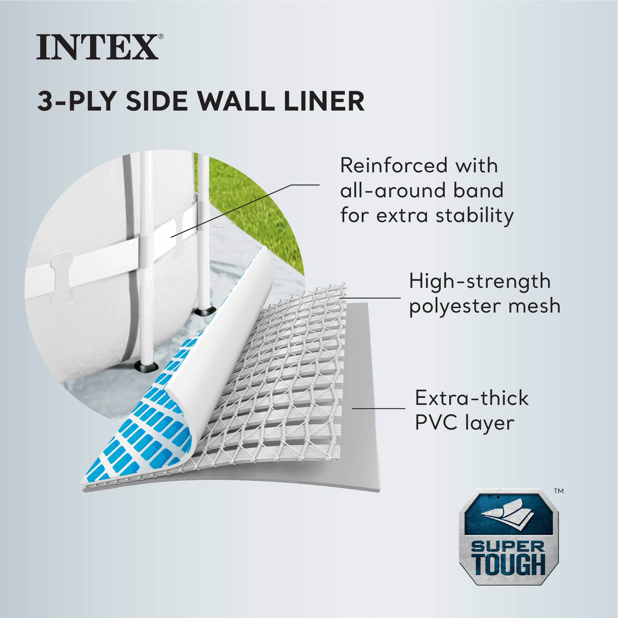 INTEX 3-PLY SIDE WALL LINER  
Reinforced with all-around band for extra stability  
High-strength polyester mesh  
Extra-thick PVC layer  
TM SUPER TOUGH