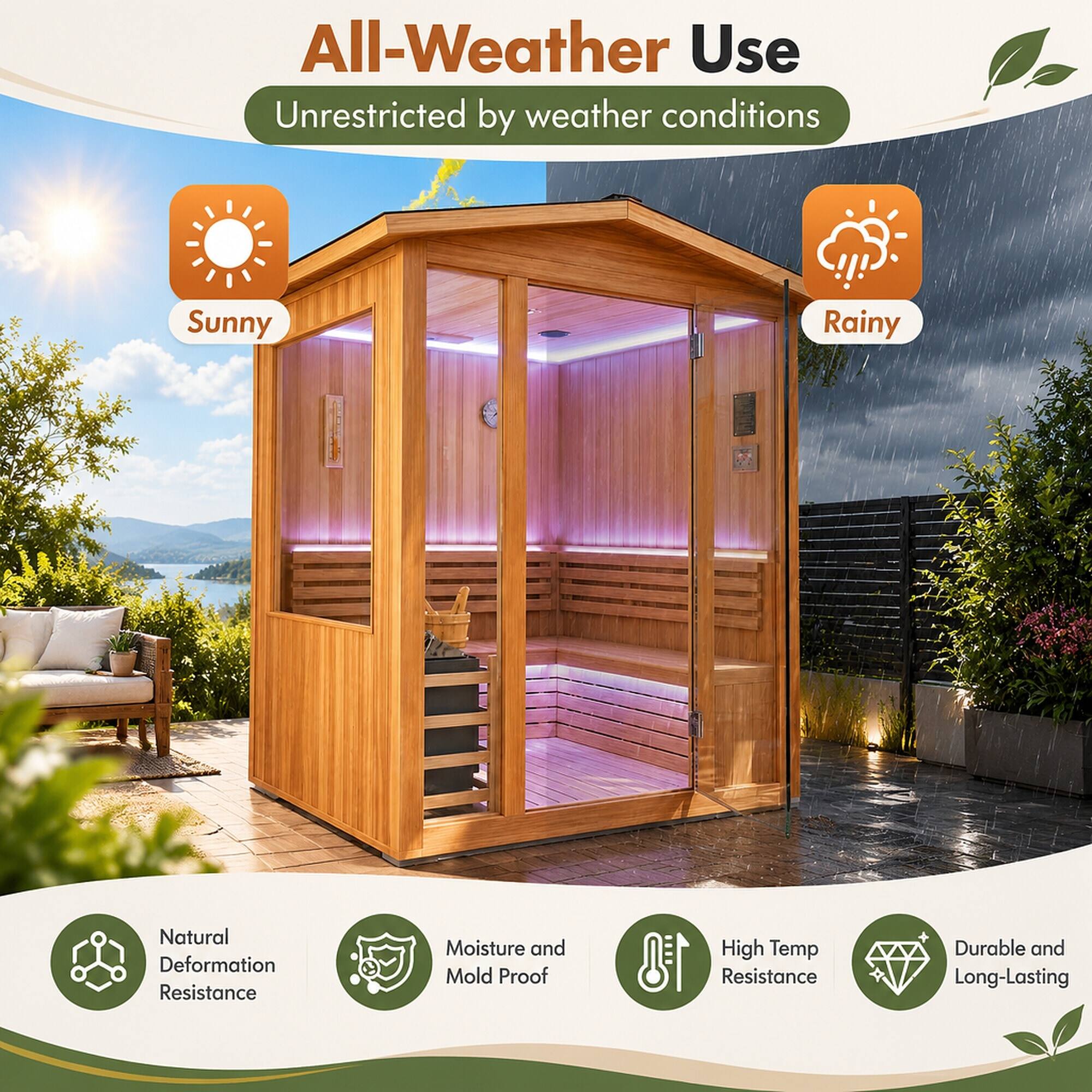 All-Weather Use  
Unrestricted by weather conditions  

Sunny  
Rainy  

Natural Deformation Resistance  
Moisture and Mold Proof  
High Temp Resistance  
Durable and Long-Lasting