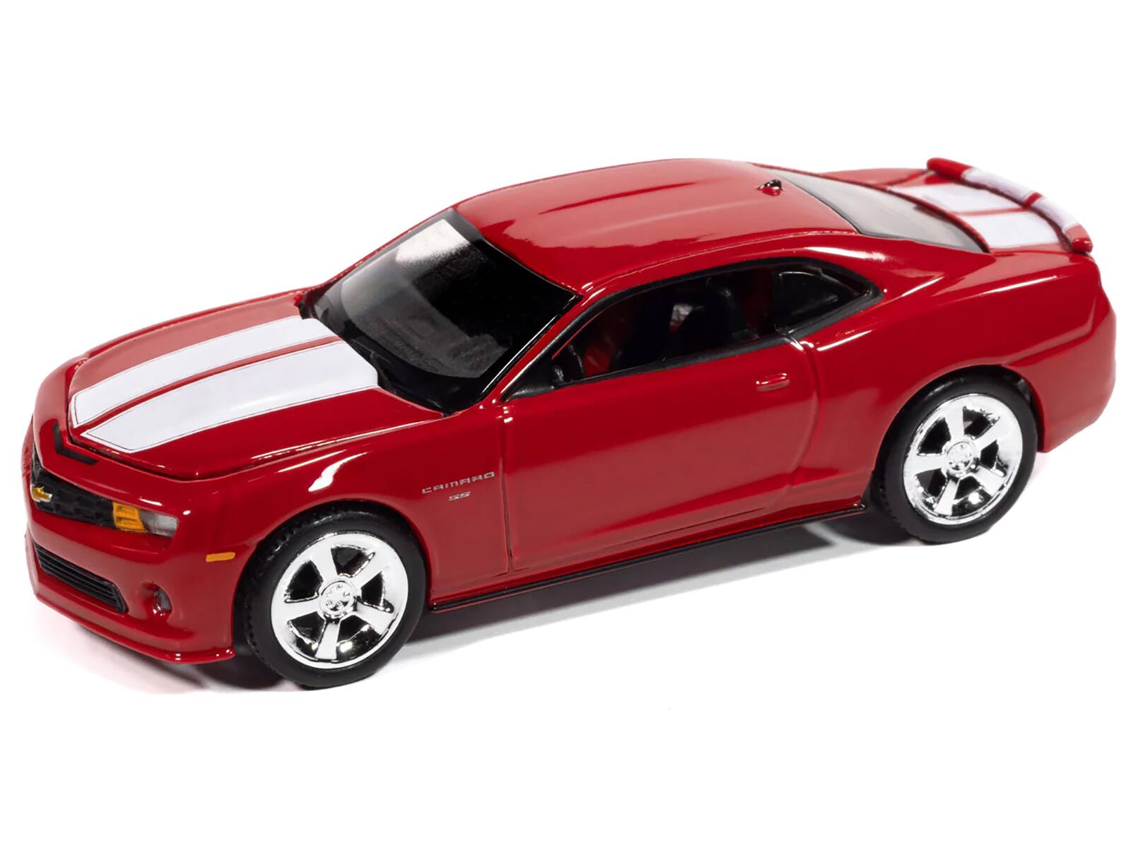 Angle. Autoworld - 2010 Chevrolet Camaro RS/SS Victory Red with White Stripes "Modern Muscle" Series 1/64 Diecast Model Car by Auto World - Red.
