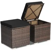 Costway 2PCS Patio Rattan Ottomans Seat Side Table Storage Box Footstool with Cushion - Black - Front_Zoom