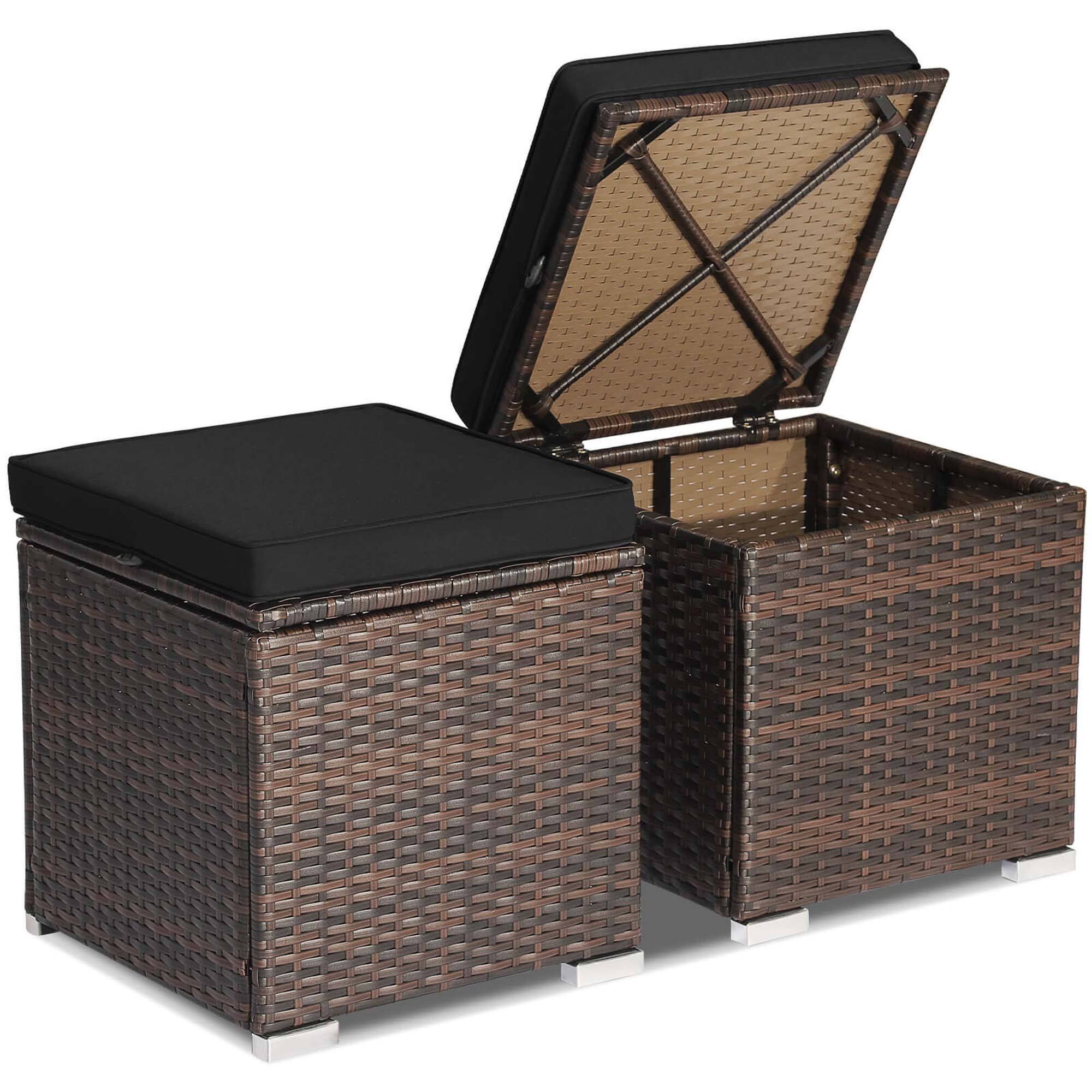 Costway - 2PCS Patio Rattan Ottomans Seat Side Table Storage Box Footstool with Cushion - Black