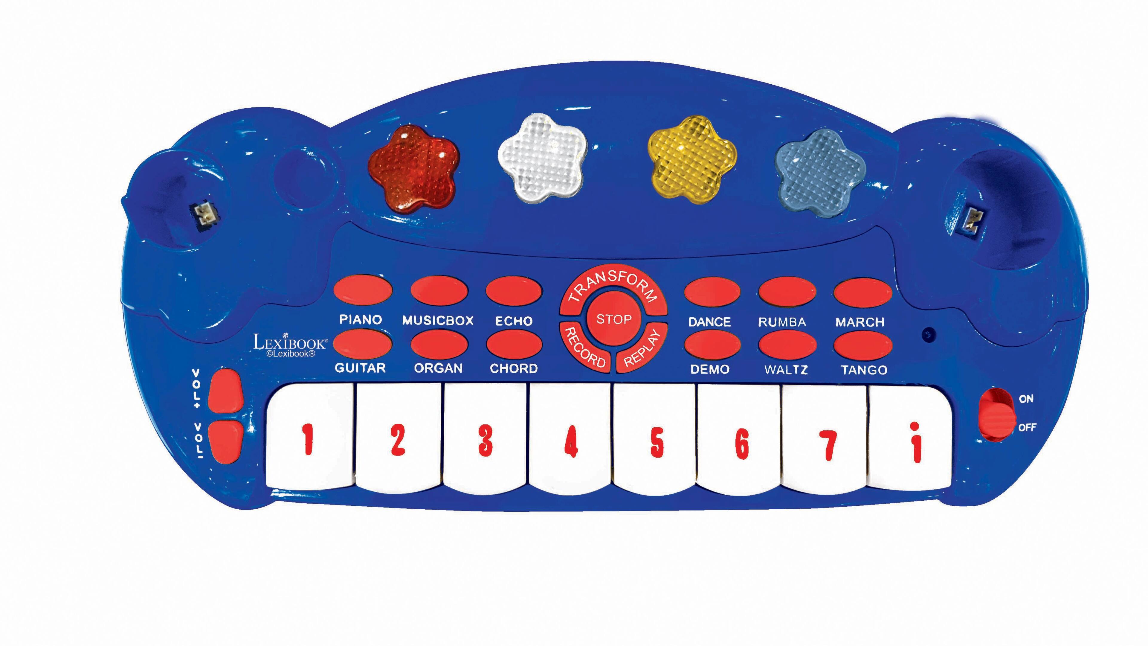 VOL+ VOL- TRANSFORM PIANO MUSICBOX ECHO STOP DANCE RUMBA MARCH LEXIBOOK RECORD REPLAY Lexibook GUITAR ORGAN CHORD DEMO WALTZ TANGO 1 2 3 4 5 6 7 i ON OFF