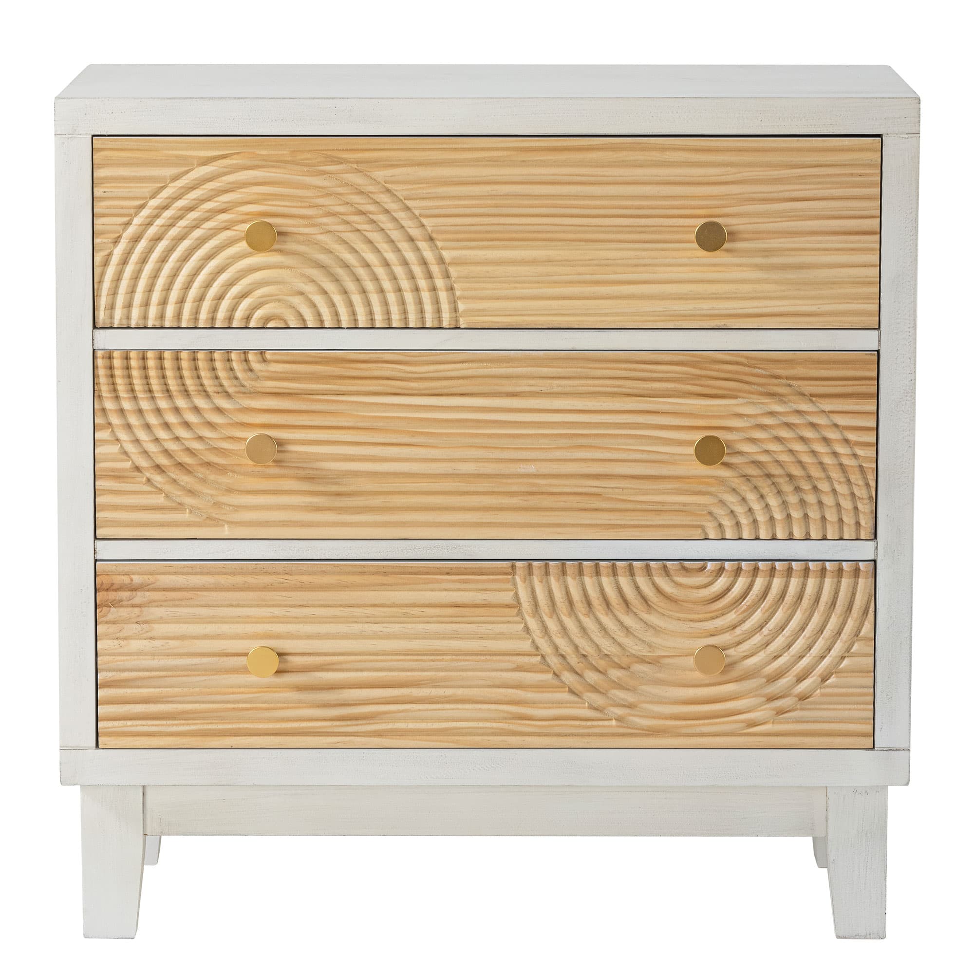 COZAYH - 3-Drawer Farmhouse Dresser, Rustic Ring Motif Nightstand, White - White + Natural Wood
