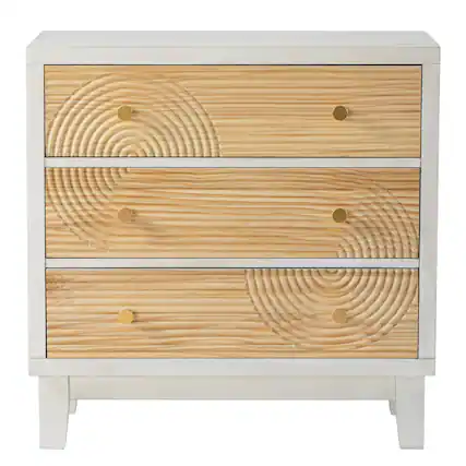 Front. COZAYH - COZAYH 3-Drawer Farmhouse Dresser, Rustic Ring Motif Nightstand, White - White + Natural Wood.