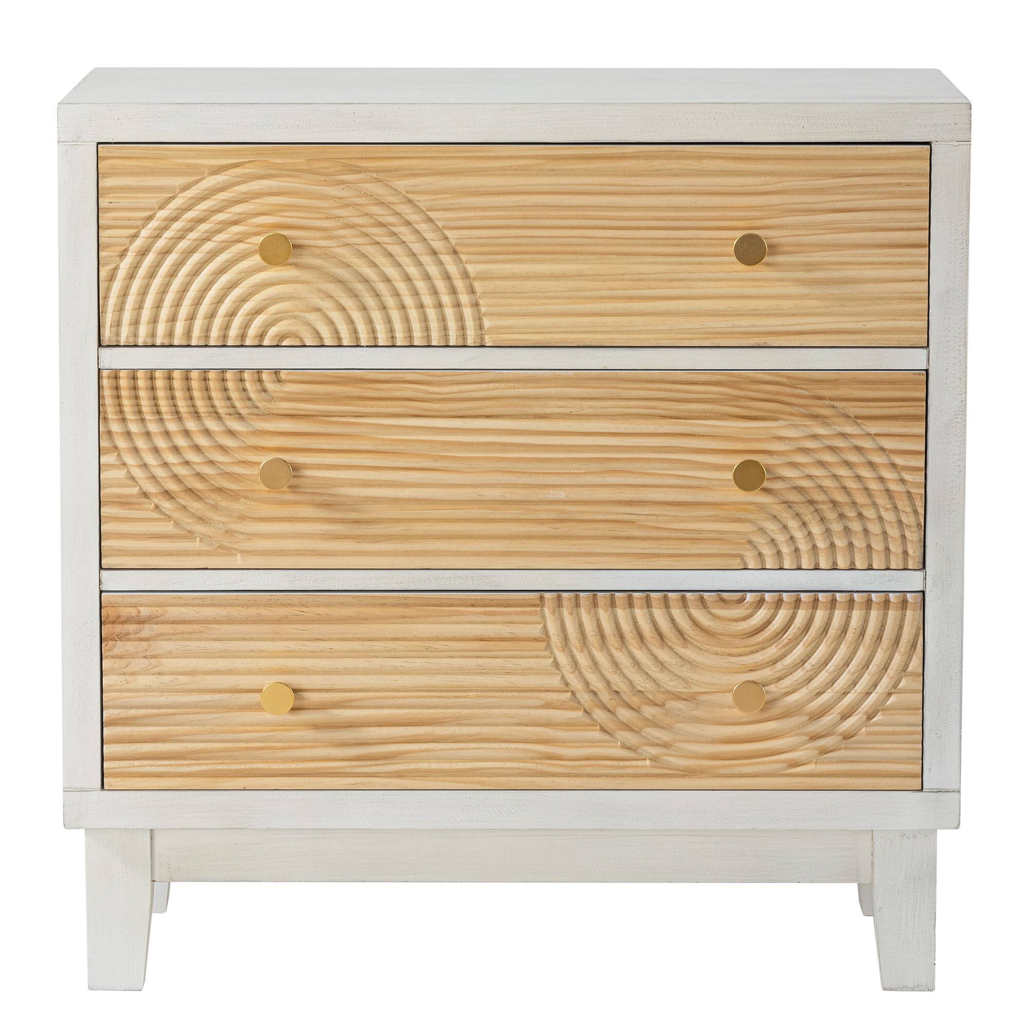 Front. COZAYH - COZAYH 3-Drawer Farmhouse Dresser, Rustic Ring Motif Nightstand, White - White + Natural Wood.