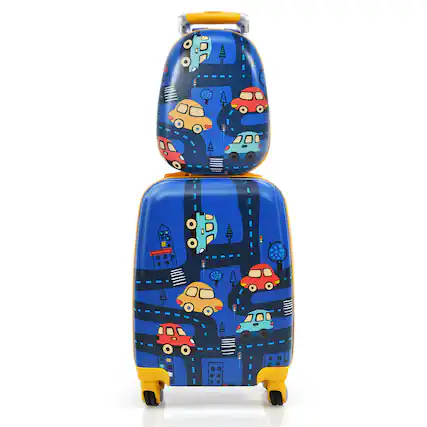 Front. Costway - 2PC Kids Carry On Luggage Set 12'' Backpack & 18'' Rolling Suitcase for Travel - Blue.
