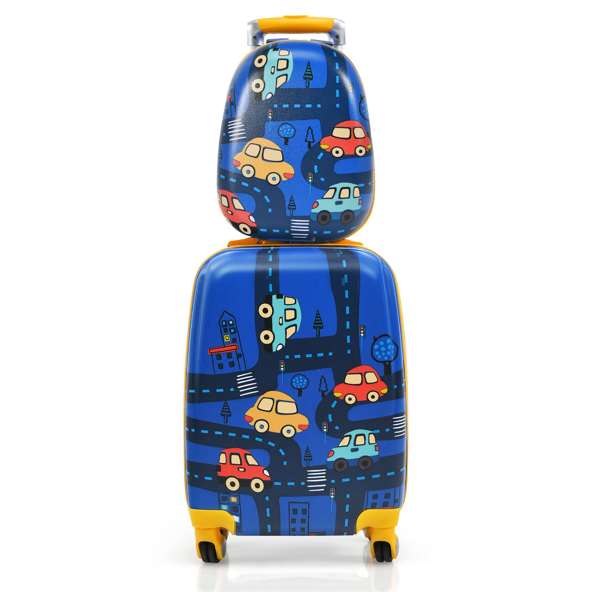 Costway - 2PC Kids Carry On Luggage Set 12'' Backpack & 18'' Rolling Suitcase for Travel - Blue