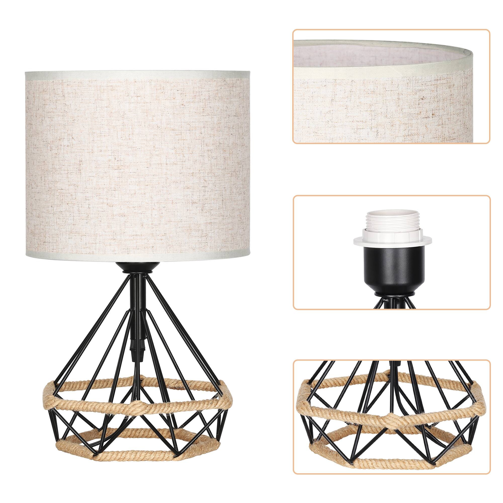 Alt View 2. Oumilen - 15In Black Metal Frame Table Lamp with Jute Rope Accent Linen Shade Modern Geometric Bedside Lamp.