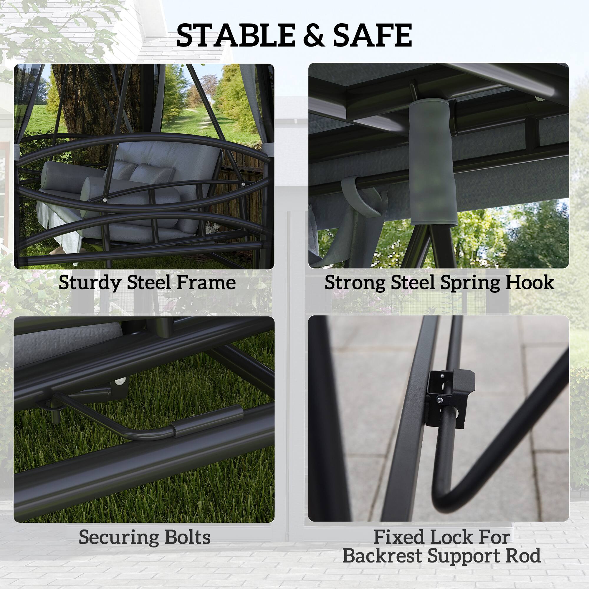 STABLE & SAFE
Sturdy Steel Frame
Strong Steel Spring Hook
Securing Bolts
Fixed Lock For Backrest Support Rod