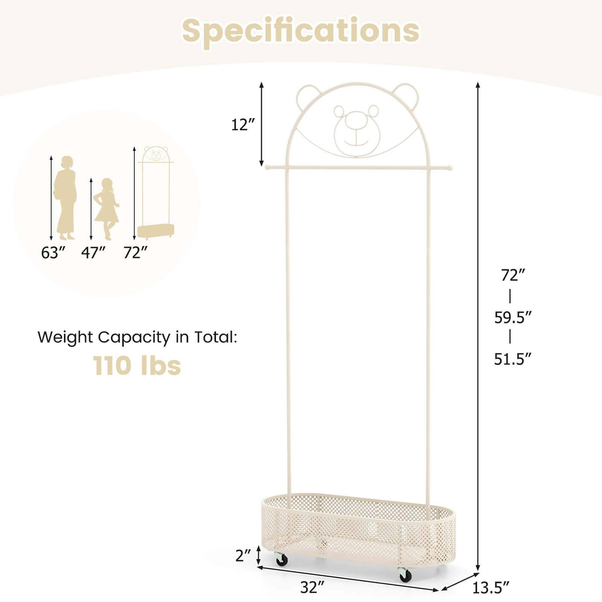 Specifications: 12", 63", 47", 72", 72", 59.5", 51.5", 2", 32", 13.5"

Weight Capacity in Total: 110 lbs