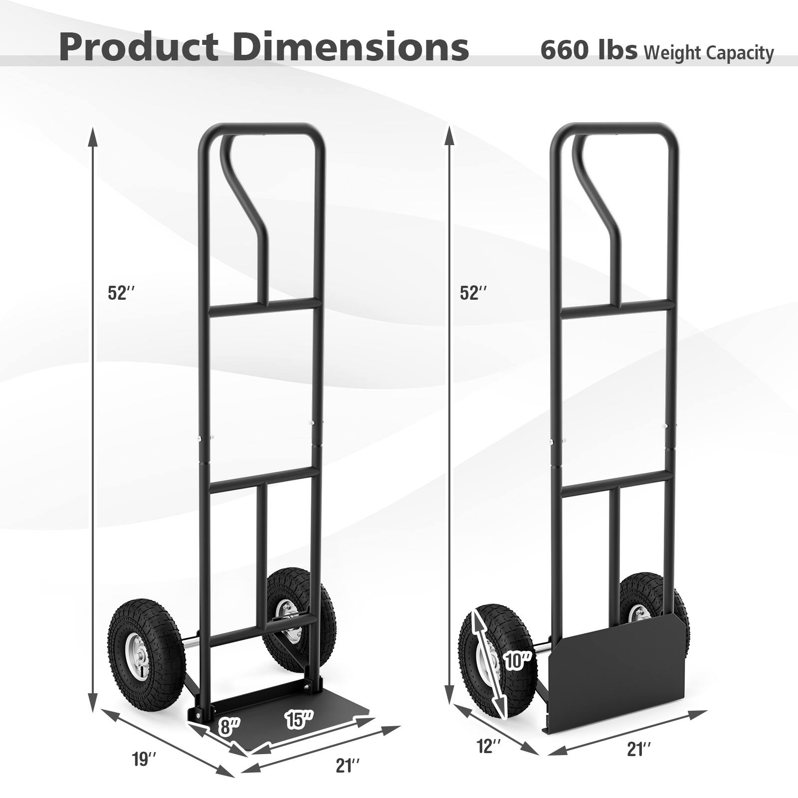 Product Dimensions: 660 lbs weight capacity, 52" x 52" x 10" x 19" x 8" x 15" x 21" x 12" x 21"