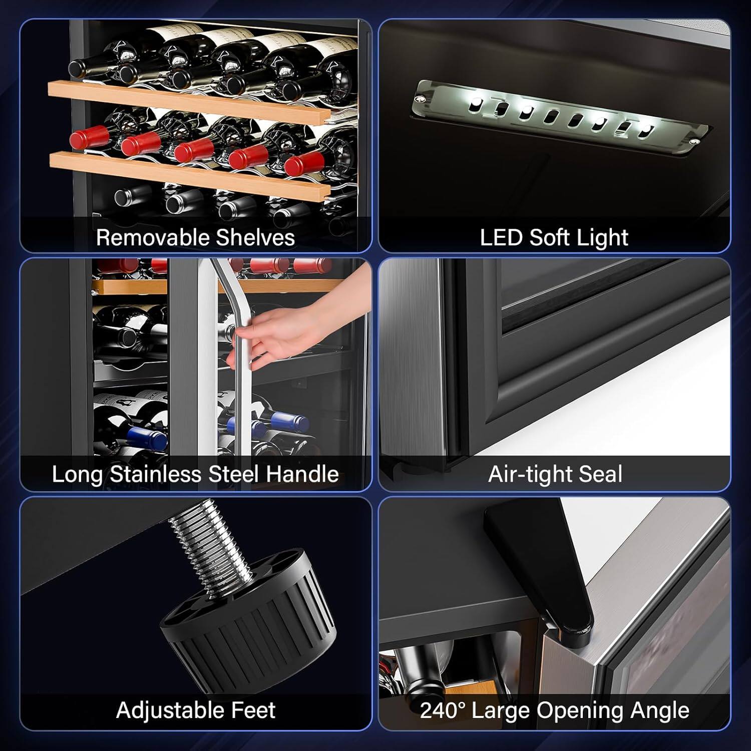 - Removable Shelves
- LED Soft Light
- Long Stainless Steel Handle
- Air-tight Seal
- Adjustable Feet
- 240° Large Opening Angle