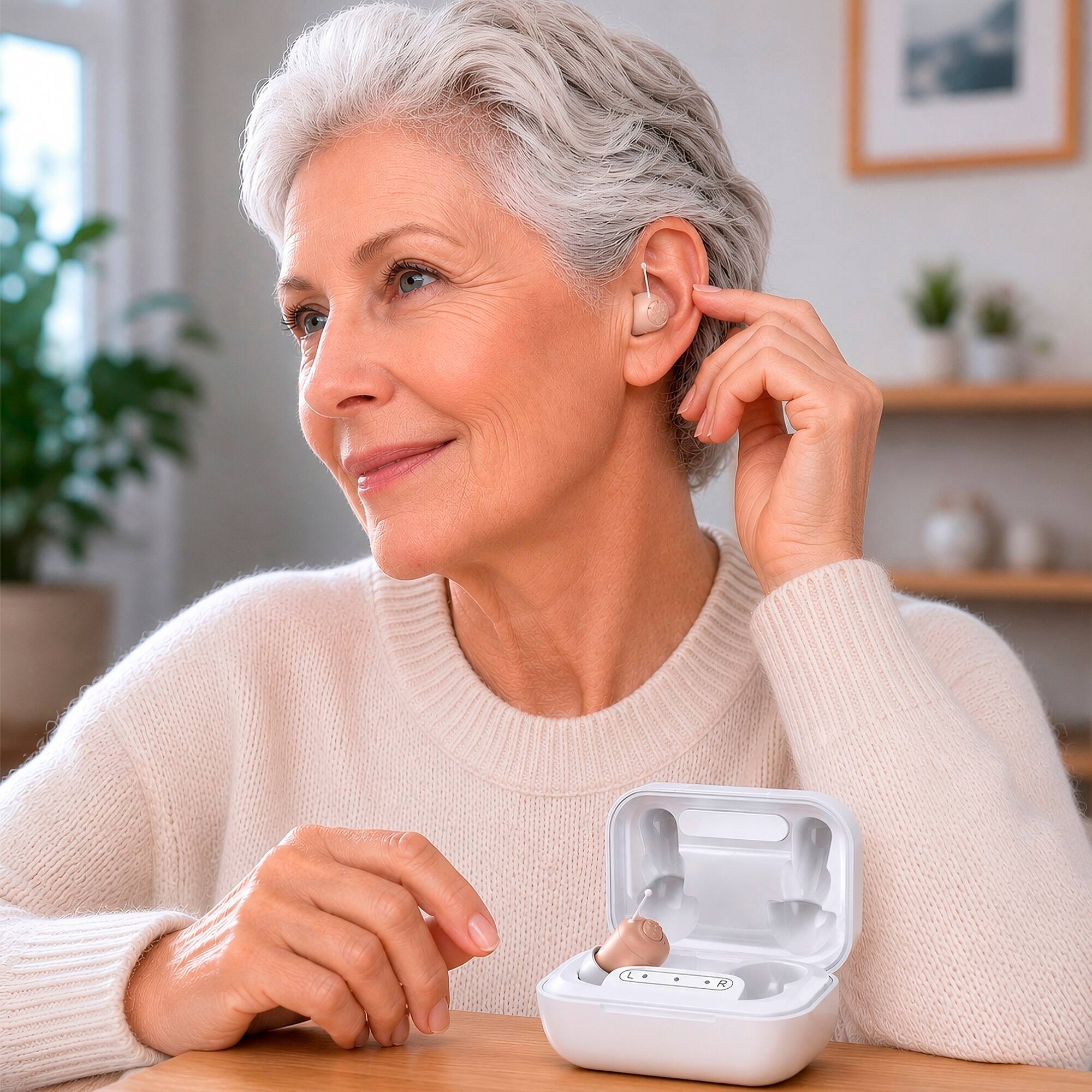 Left. Pursonic - Rechargeable OTC Hearing Aids for Mild to Moderate Hearing Loss – USB Rechargeable with 5 Volume Levels - White.