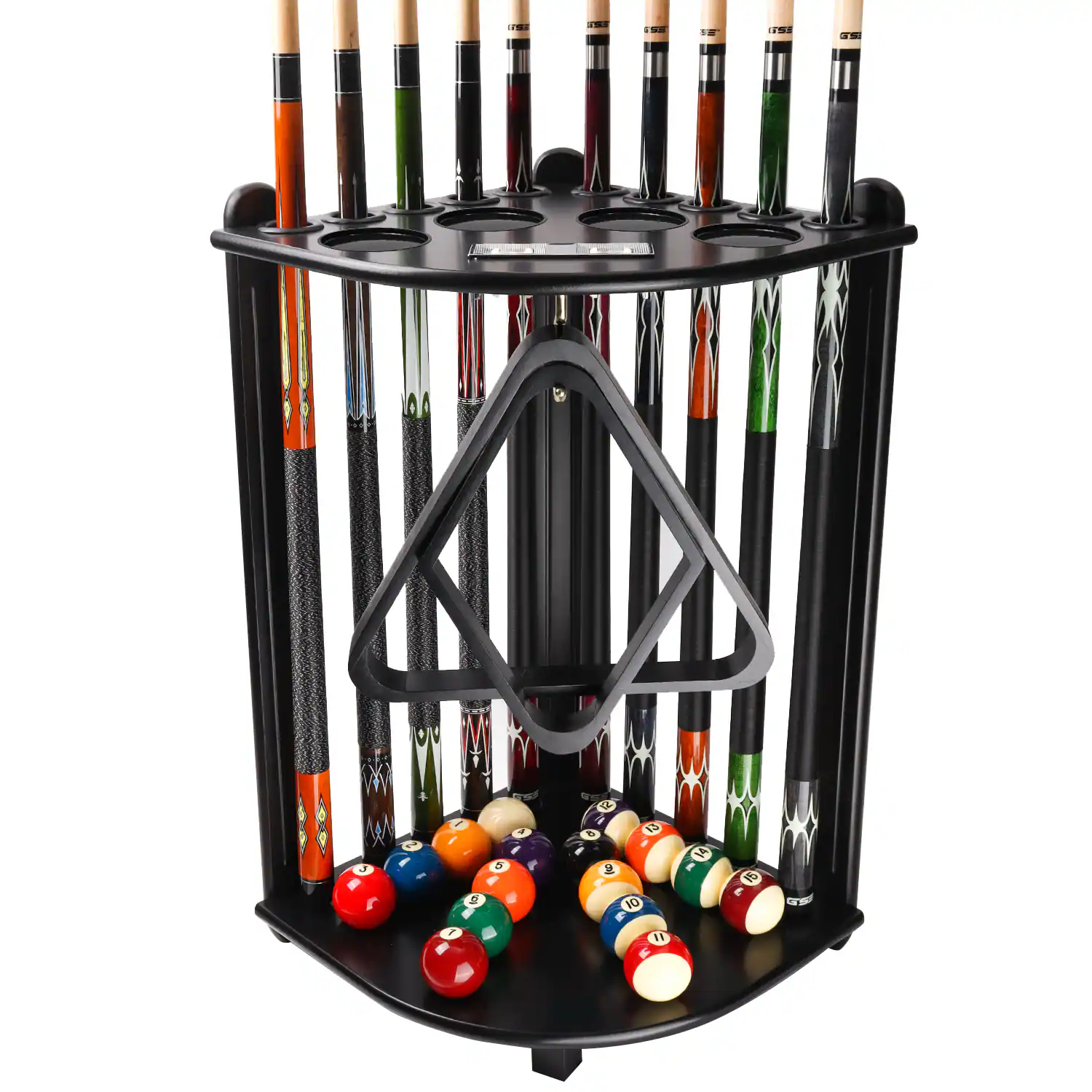 GSE Games & Sports Expert - Wood 10 Corner Style Pool Cue Rack with Score Counter, Metal Hook, and Drink Holders - Black