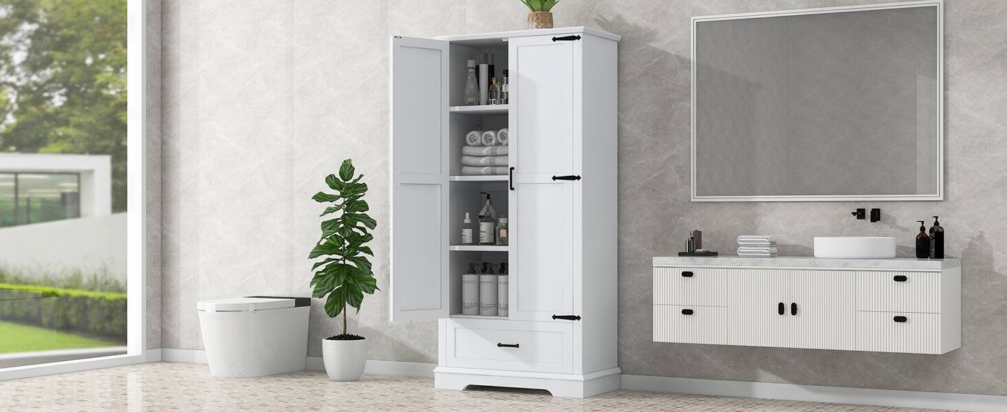 Alt View 1. SlickBlue - Tall Bathroom Storage Cabinet with Two Doors, One Drawer, and Adjustable Shelf - White.